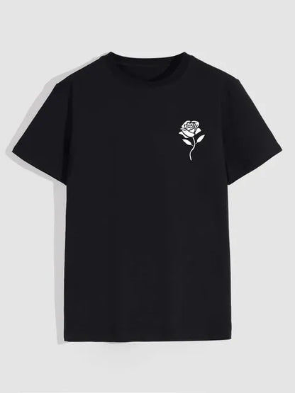Men's Casual Crew Neck Rose Print T-Shirt (Regular/Oversize)